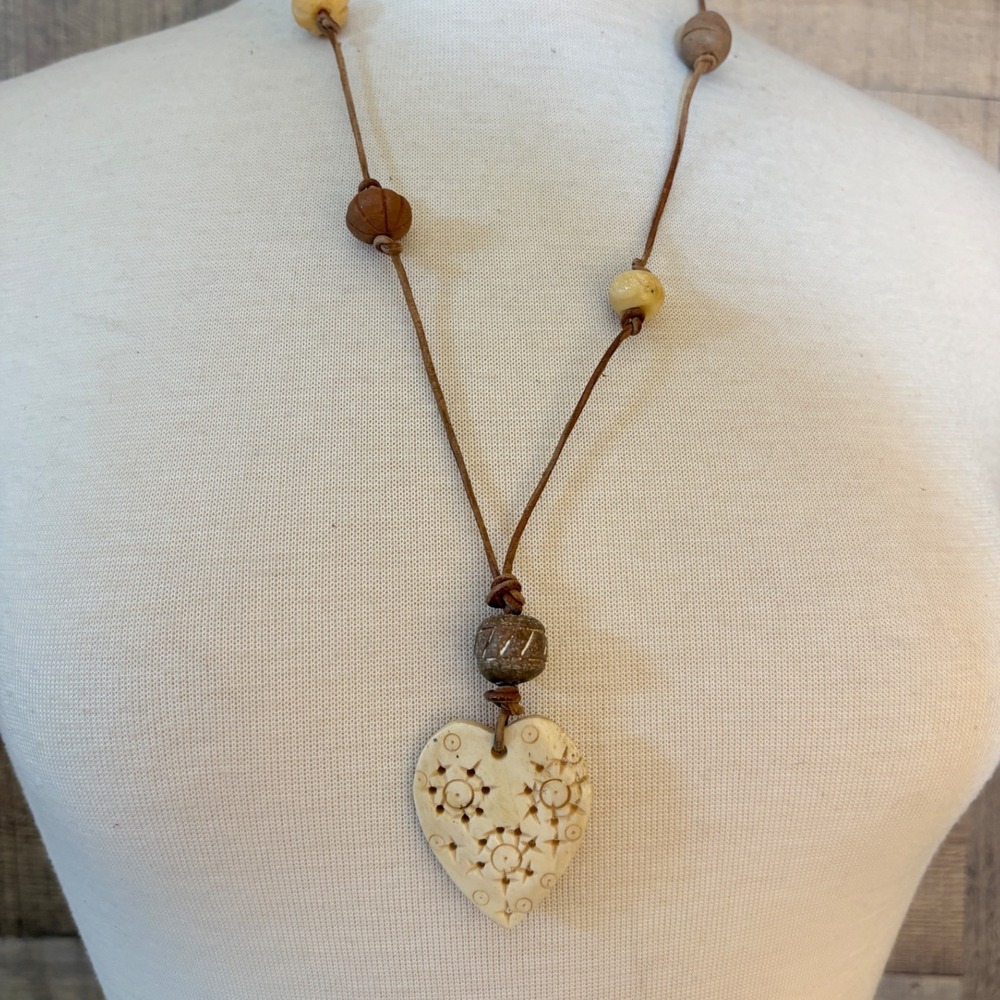Hand Carved Bone Heart Pendant Leather Cord Necklace Boho Clay Bead